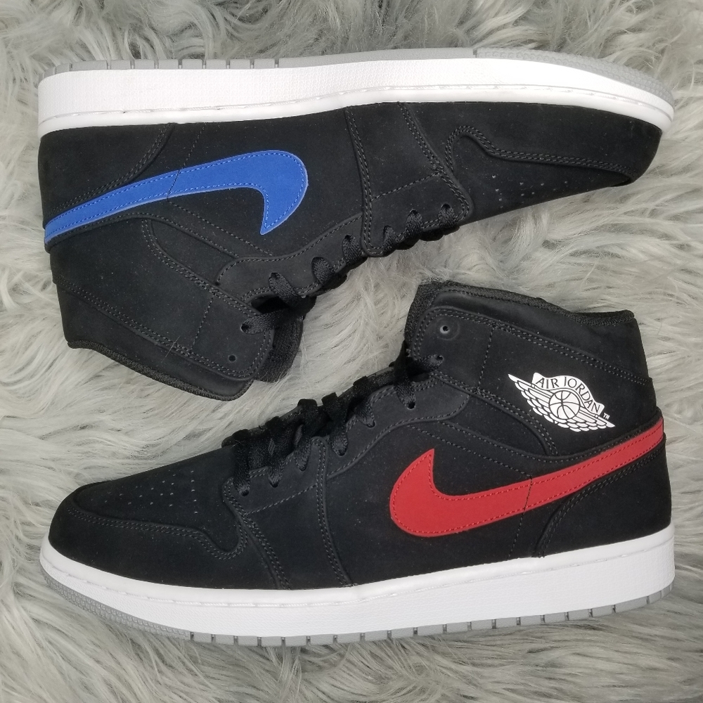 NIKE AIR JORDAN 1 MID BLACK / UNIVERSITY RED BLUE